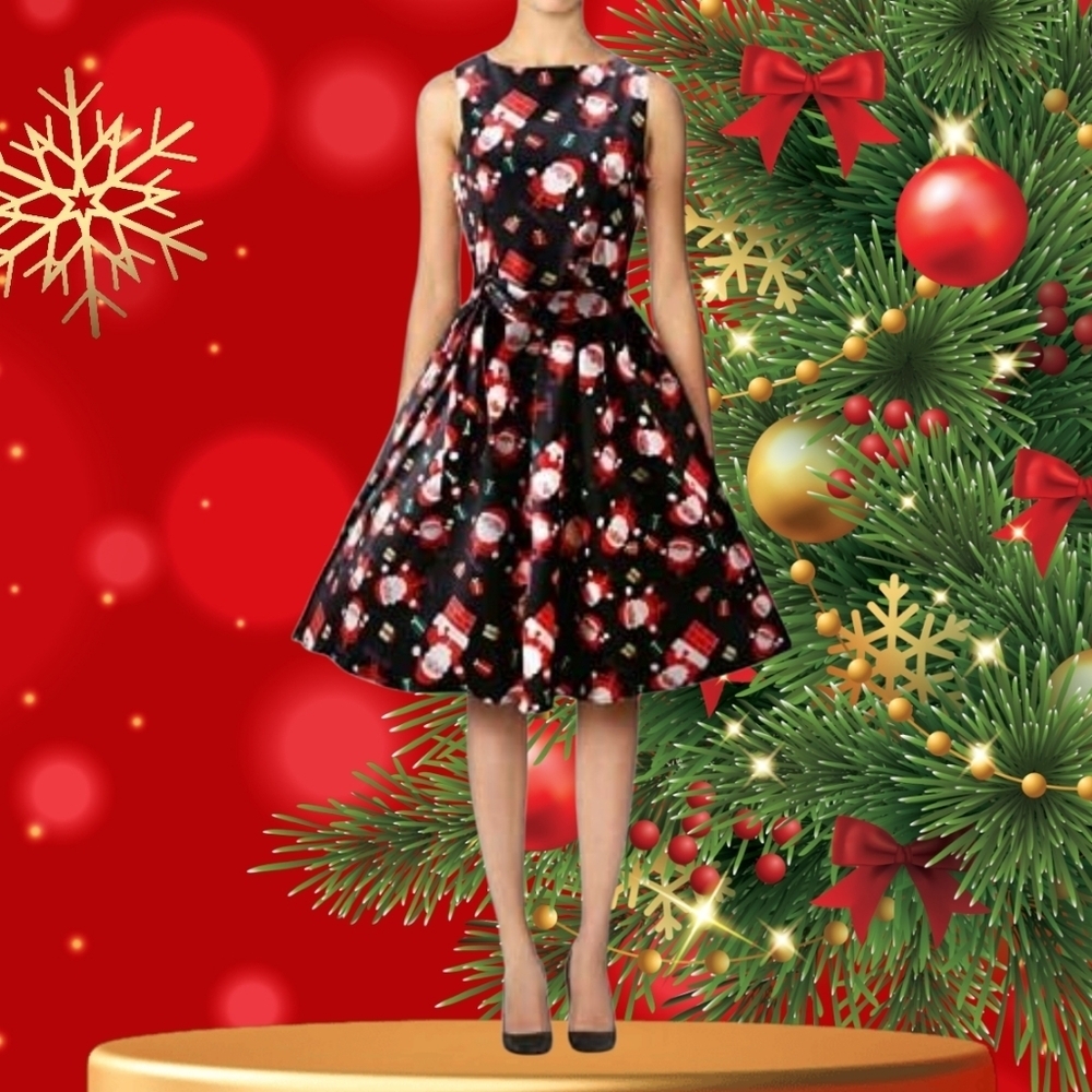 OUGES Festive Black Santa Print Midi FIT & FLARE Dress